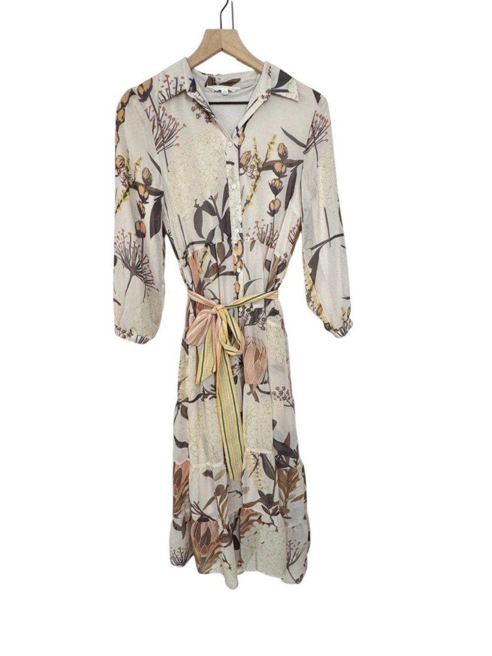 DownEast Cream Floral Button-Front Dress with Striped Tie - Size XS - Like New